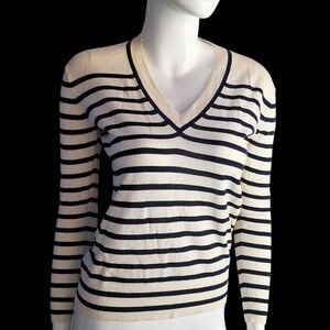 J. Crew Womens Striped VNeck Sweater Summerweight Cotton XSmall Cream/Blue Color
